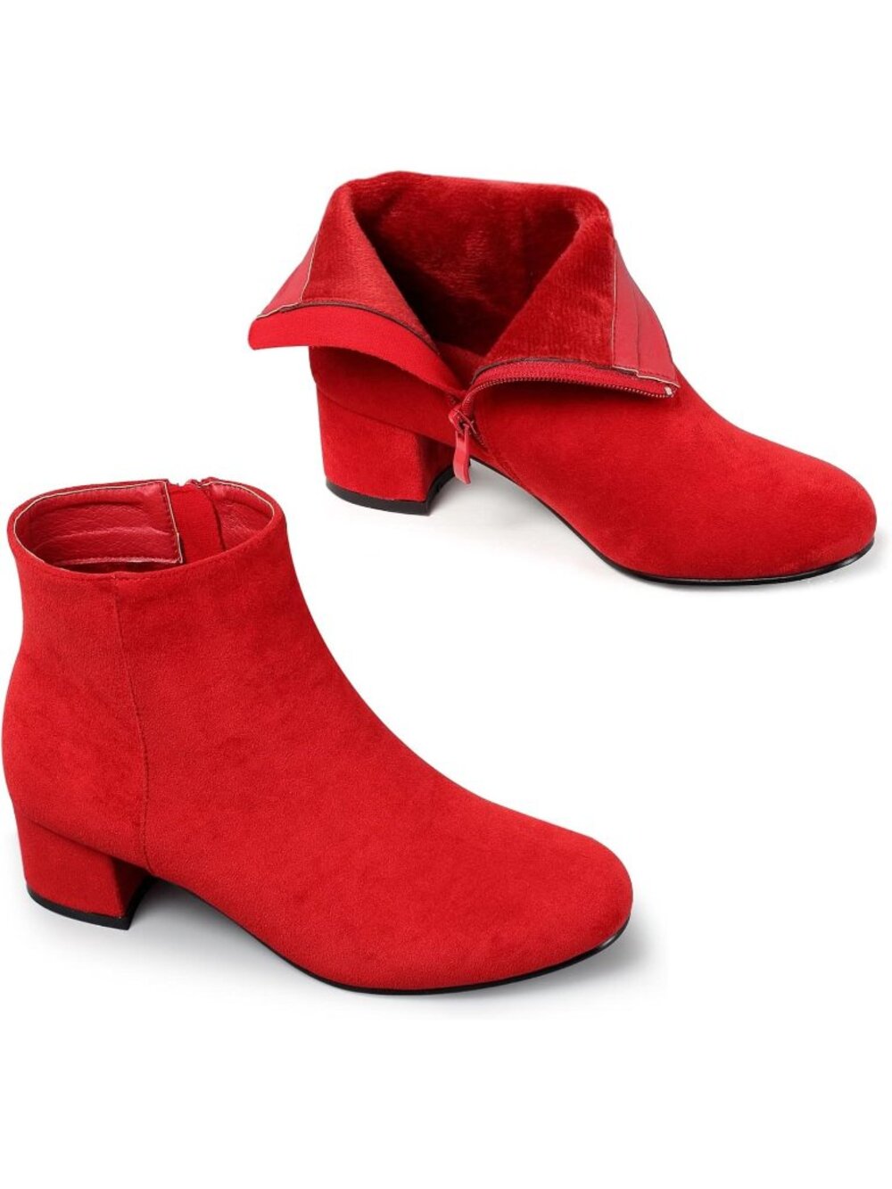 Women's Red Faux Suede Side Zip Chunky Low Block Heel Short Ankle Booties - Picture 5 of 6